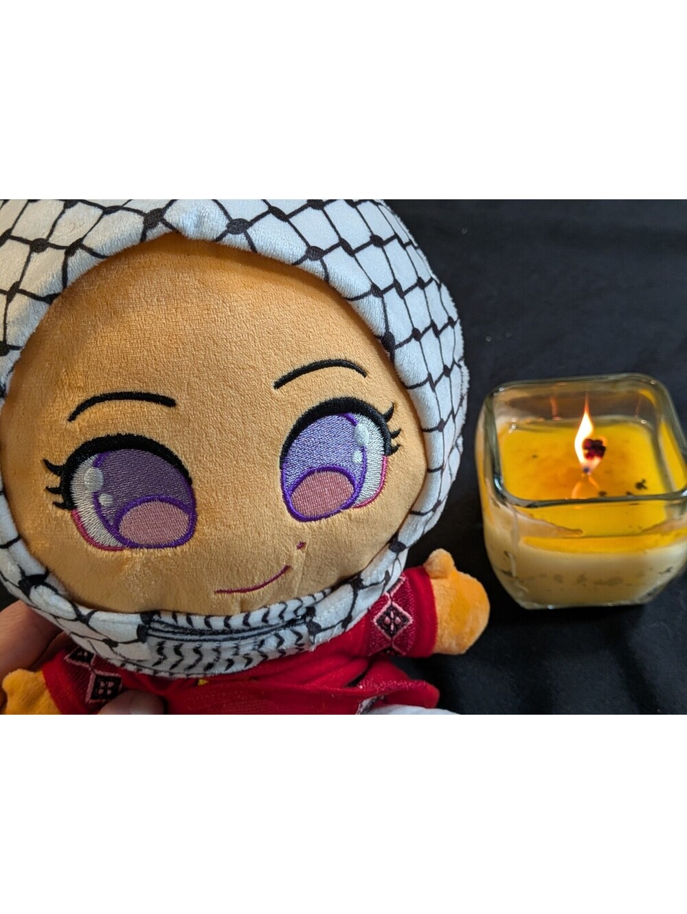 Cute Plush Doll with Keffiyeh Headscarf and Red Outfit